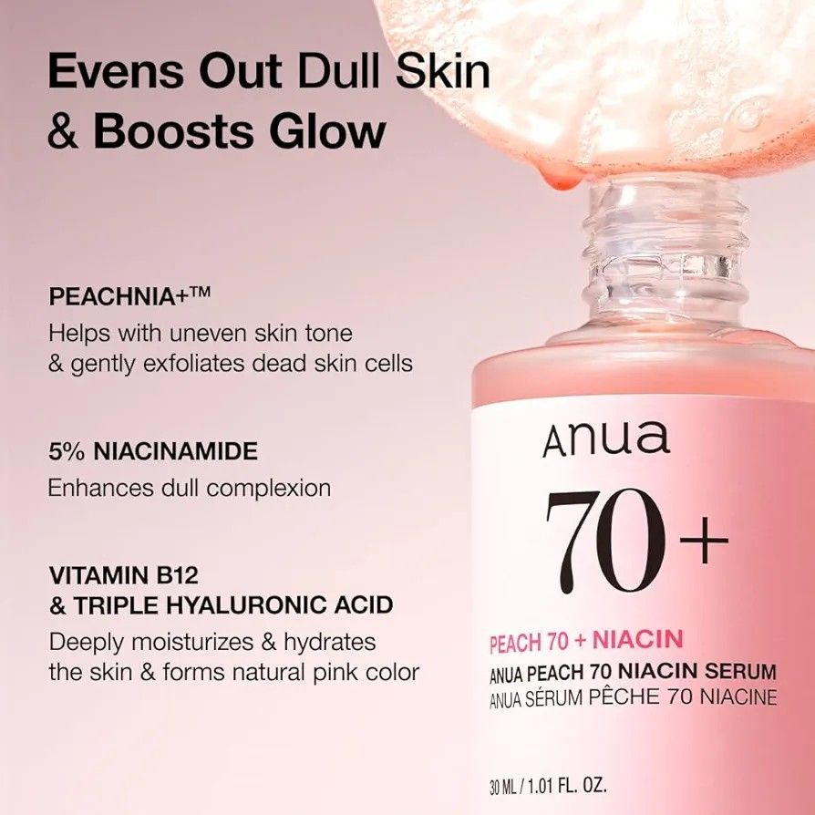 Anua Peach 70 Niacin Serum with 5% Niacinamide for Glass Skin, Brightens Skin & Minimizes Pores
