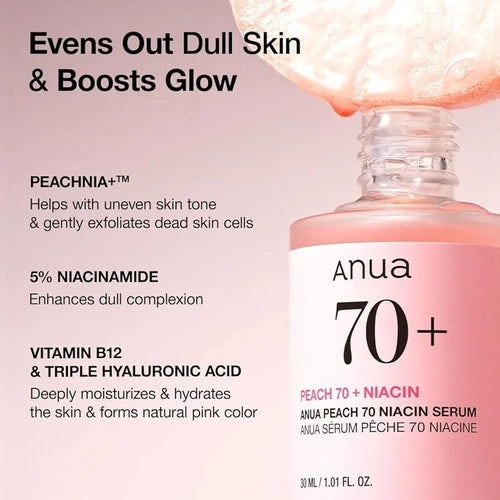 Anua Peach 70 Niacin Serum with 5% Niacinamide for Glass Skin, Brightens Skin & Minimizes Pores
