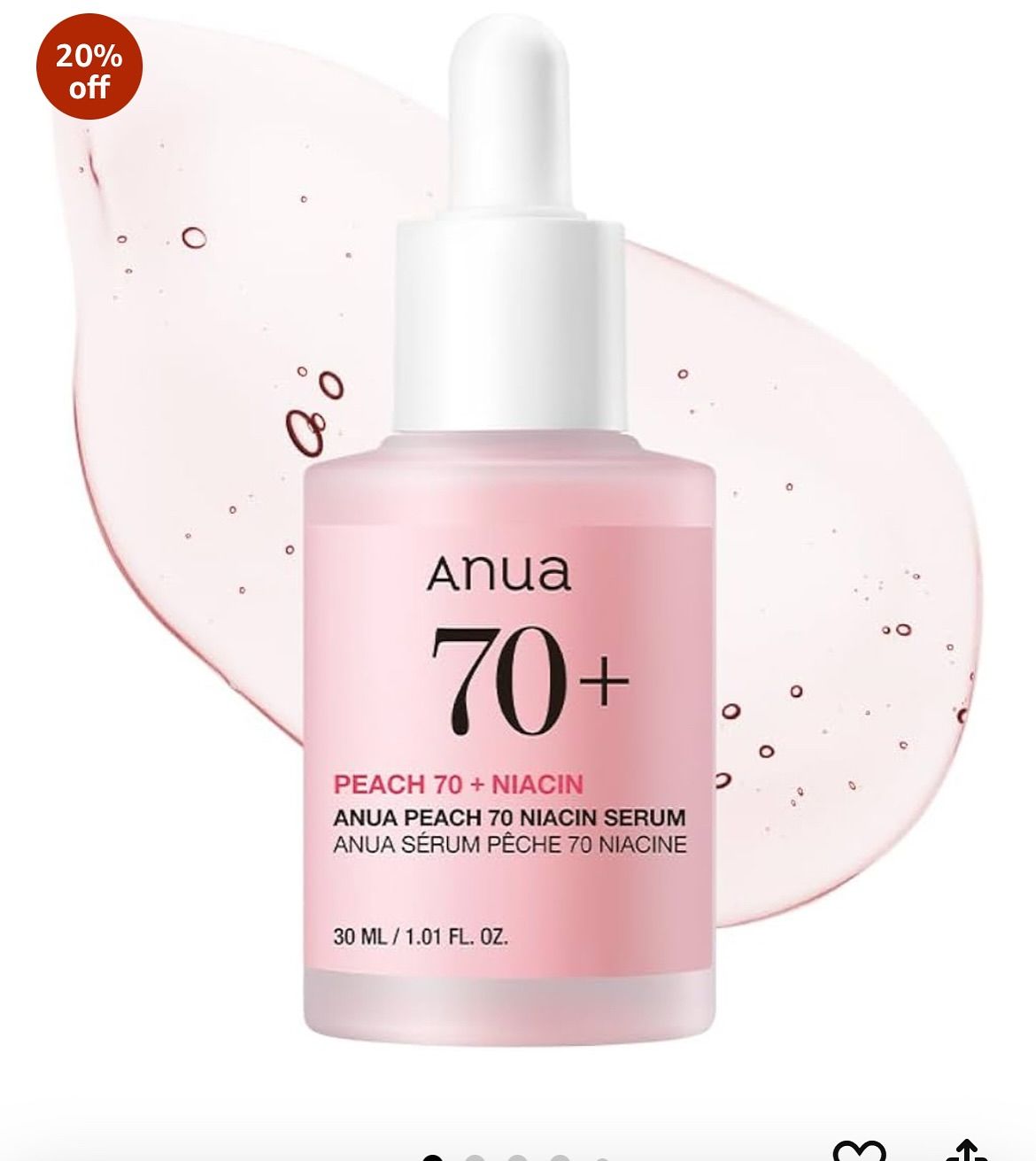 Anua Peach 70 Niacin Serum with 5% Niacinamide for Glass Skin, Brightens Skin & Minimizes Pores